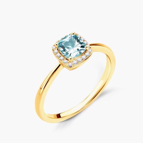 Pierścionek zaręczynowy SAVICKI: żółte złoto, akwamaryn, diamenty